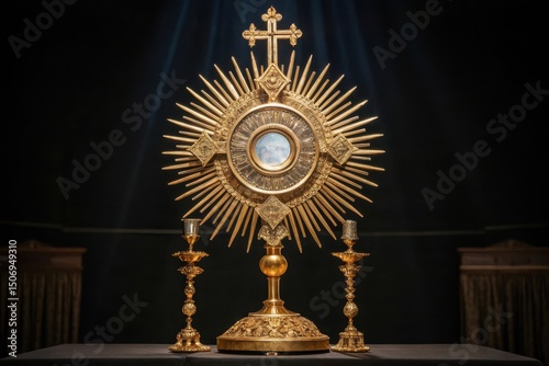 Ornate gold monstrance with candlesticks