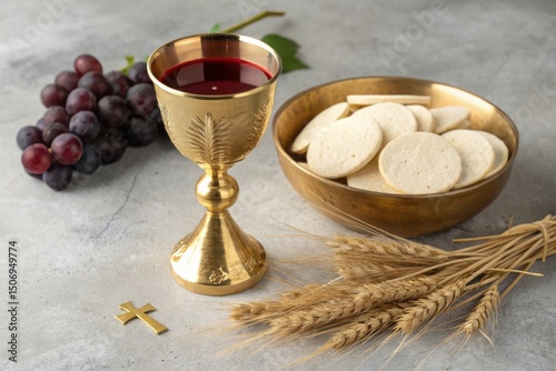 Holy communion chalice bread grapes and wheat