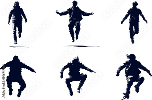 Silhouettes of man jumping isolated on white background
