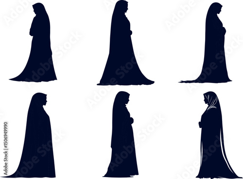 Silhouettes of muslim women isolated on white background