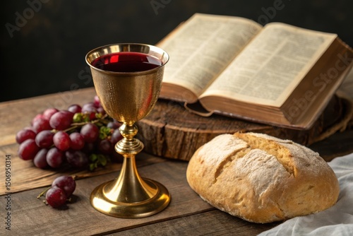 Holy communion bread wine grapes and bible