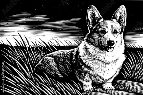Welsh corgi pembroke dog vector black and white isolated hand drawn sketch