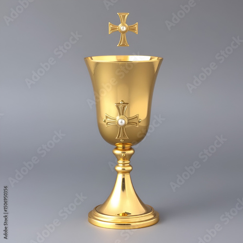 golden metal chalice or goblet and symbol of the cross - ampulla