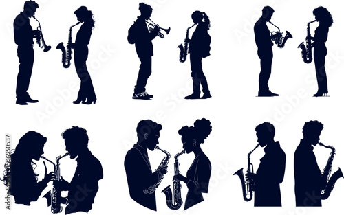 Silhouettes of musicians playing saxophone and trumpet isolated on white