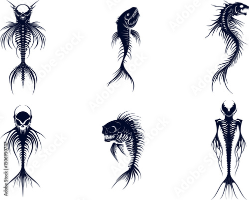 Collection of skeleton fish and skull creatures isolated on white background