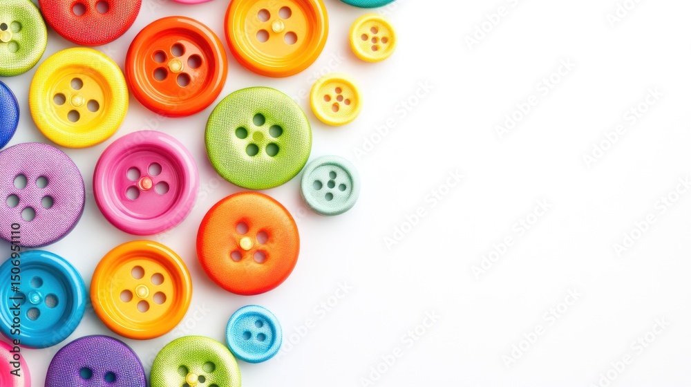 Colorful buttons scattered on white background, crafting supplies, copy space Colorful buttons scattered on white background, crafting supplies, copy space