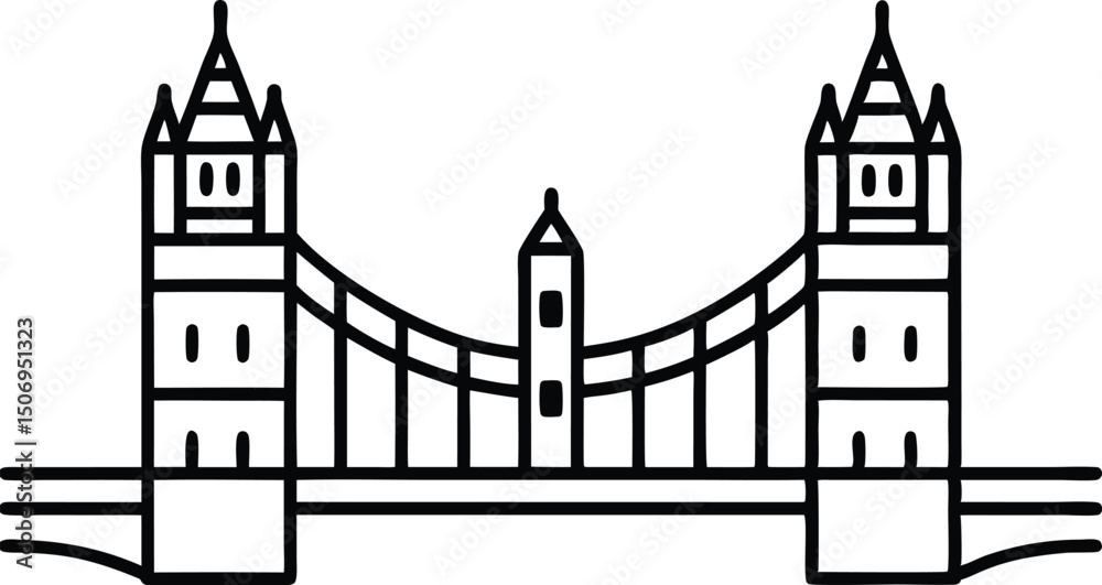 Fototapeta premium Tower Bridge over River Thames displayed as a minimalist black outline drawing on white