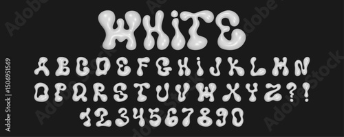 Wavy 3D font design featuring liquid letters and numbers with a reflective glossy texture on a black background.