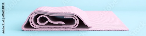 Glossy pink yoga mat with clean detailing placed on a pale blue background