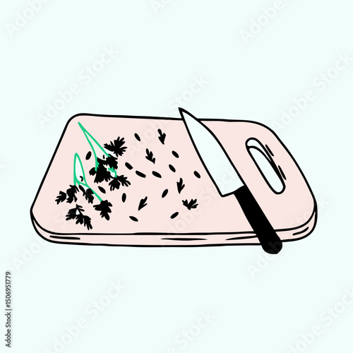 Pink Cutting Board with Knife and Chopped Herbs