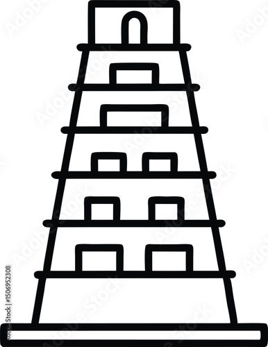 Black line outline of an ancient building shows its historical temple tower