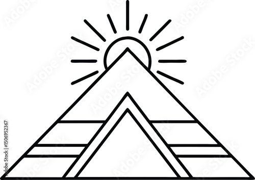 Black outlined mountain with sun shines behind it on a transparent background