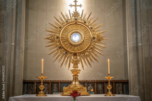 Ornate gold monstrance with lit candles