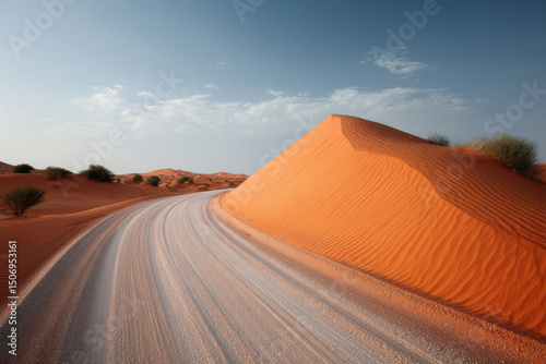 winding road leading into vast desert surrounded by towering sand dunes