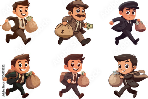 Cartoon businessmen running with money bags isolated on white background