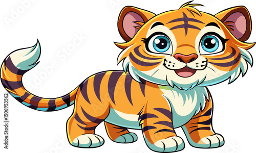 The appeal of this illustration. A majestic cartoon tiger stands tall in this image, with a striking combination of orange and black, complemented by eye-catching eyes.
