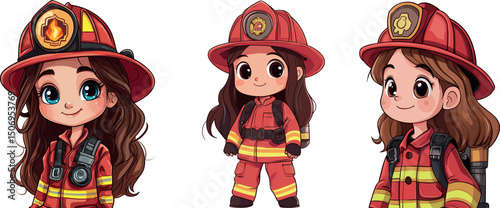 Three cartoon girls dressed as firefighters isolated on white background