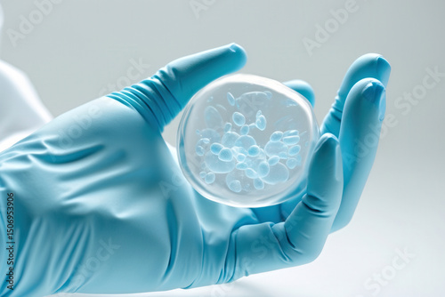 Gloved hand holding a transparent cell structure representing stem cell research and biotechnology