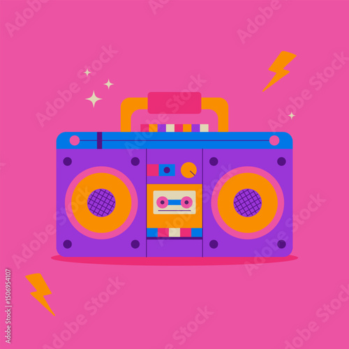 Bright vector illustration of a retro tape recorder in the 80s style on a pink background. Cheerful, colorful design with a cassette, speakers and lightning. Pop art style.