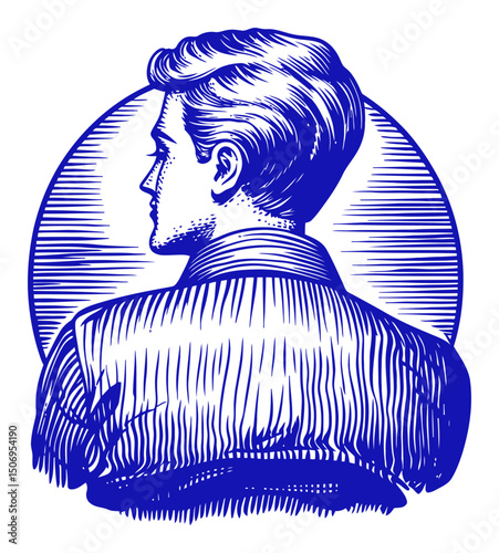 blue and white portrait of a man from backview