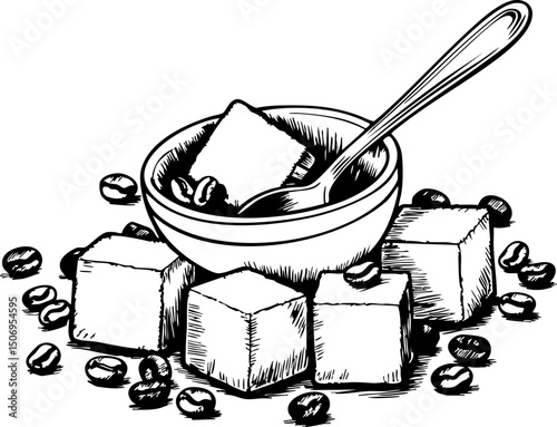 Coffee sugar cubes and beans arrangement kitchen table graphic cozy environment top view culinary