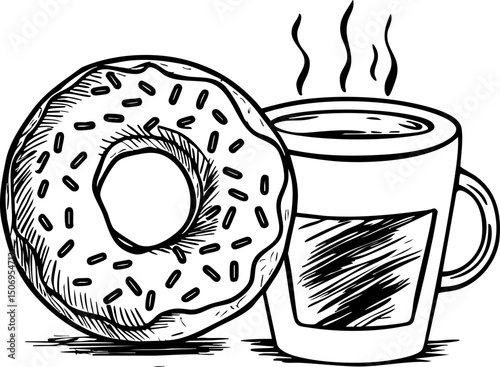 Indulging in delicious donut and coffee pairing at a cozy  top-down view of culinary delight for a perfect moment