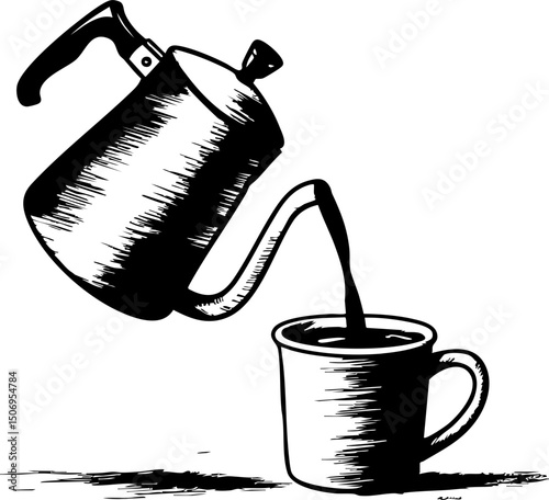 Pouring fresh coffee into a cup kitchen environment black and white artistic viewpoint beverage for coffee lovers