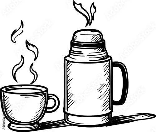 Enjoying hot beverages coffee and thermos cozy kitchen warm environment close-up view comfort