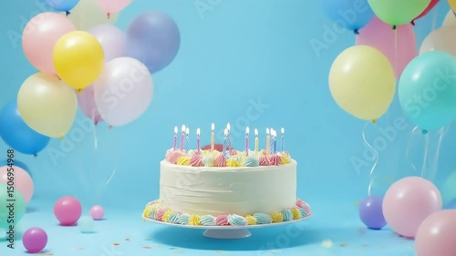 Birthday cake on party table with pastel balloons and confetti