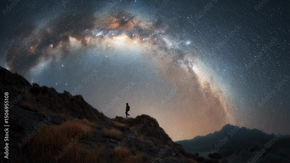 Solitary hiker traversing mountain ridge beneath luminous milky way, starlight illuminating dark wilderness landscape with breathtaking celestial panorama of astronomical wonder