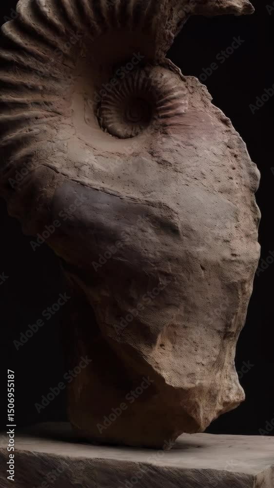 Large fossilized ammonite on display, showing the spiral shell pattern ...