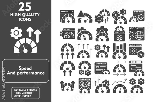 Speed and performance Glyph Icon Set. Incleded Icons Page Speed, Performance, Speed, High Speed, Accelerate, Web, Speedometer, High Performance. Vector Icons Collection