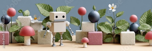 Playful Robot Surrounded by Colorful Mushrooms and Flowers on a Light Background