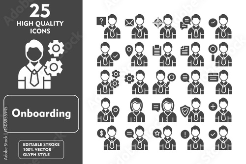 Onboarding Glyph Icon Set. Incleded Icons Question, Manager, Insurance, Add User, Payment, Interview, Best Employee, Information. Vector Icons Collection