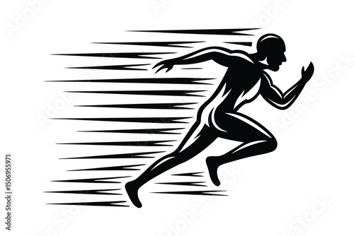 Silhouette of Muscular Male Runner with Flowing Hair, Dynamic Black and White Design