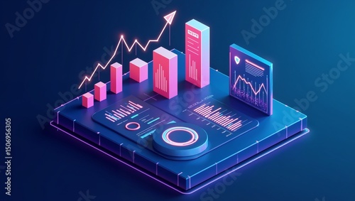 Isometric Digital Analytics Interface with Neon Charts and Graphs