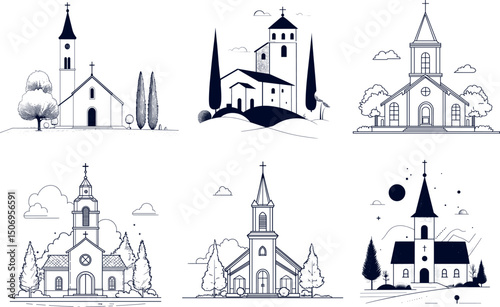 Collection of various church building illustrations isolated on white