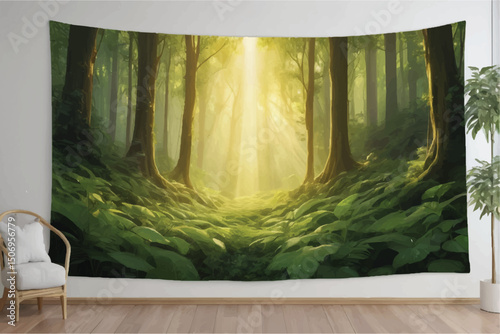 golden rays cascade through verdant tapestry of a lush woodland, casting ethereal patterns of luminescence upon enchanted forest floor	