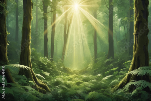 golden rays cascade through verdant tapestry of a lush woodland, casting ethereal patterns of luminescence upon enchanted forest floor	