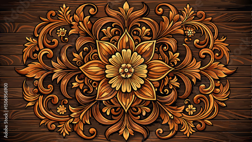 Intricate floral carvings elegantly decorate the dark wooden surface, creating a beautiful pattern that combines artistic detail with natural charm, ideal for classic and elegant vector design.