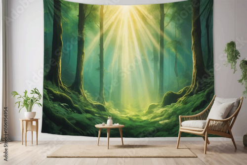 golden rays cascade through verdant tapestry of a lush woodland, casting ethereal patterns of luminescence upon enchanted forest floor	