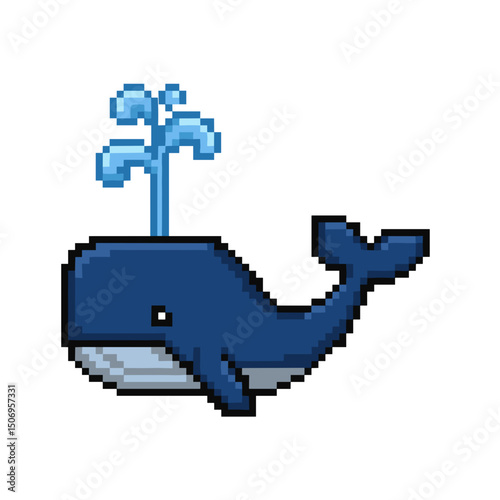 Pixel art whale swimming with water spouting in blue ocean background  