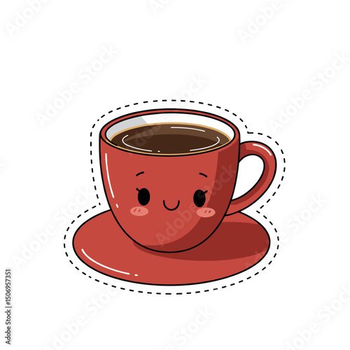 Cute red cup of coffee with smiling face on saucer 