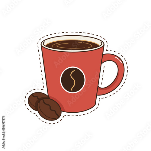 Red coffee cup filled with hot coffee beside coffee beans  