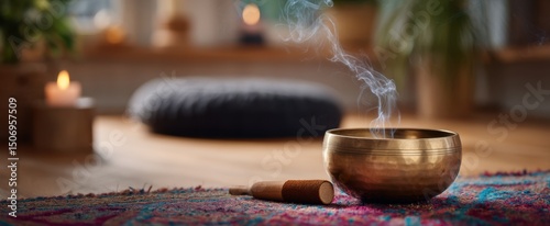The calming sound of a singing bowl enveloped in soothing incense smoke.