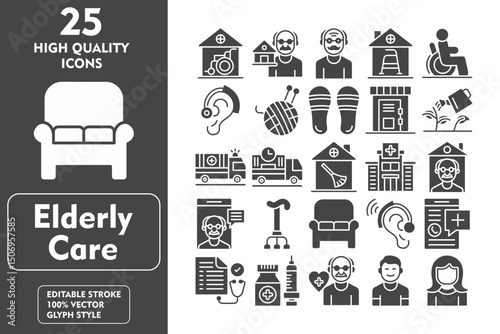 Elderly Care Glyph Icon Set. Incleded Icons Nursing Home, Hospice, Elder People, Retirement Home, Disability, Hearing Aid, Knitting, Slippers. Vector Icons Collection