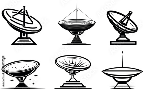 Set of satellite dish antennas isolated on white background