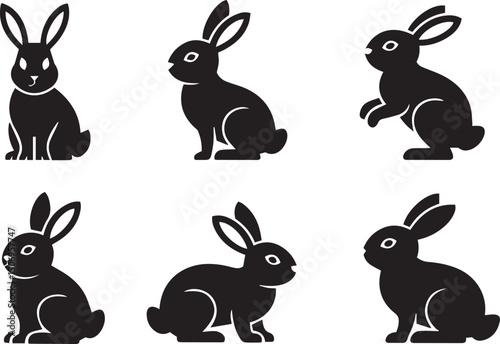 Six black silhouette rabbit icons set