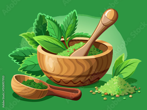 vector of A wooden bowl and a large wooden spoon are filled with freshly chopped mint leaves and herbs, set against a vibrant green background, symbolizing fresh ingredients and health.