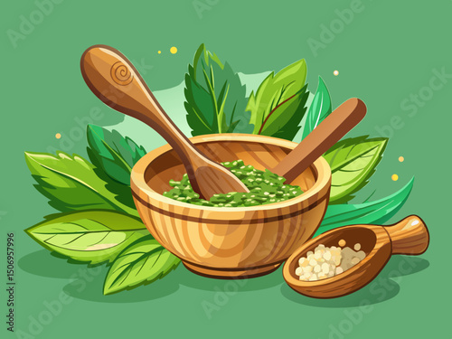 vector of A wooden bowl and a large wooden spoon are filled with freshly chopped mint leaves and herbs, set against a vibrant green background, symbolizing fresh ingredients and health.